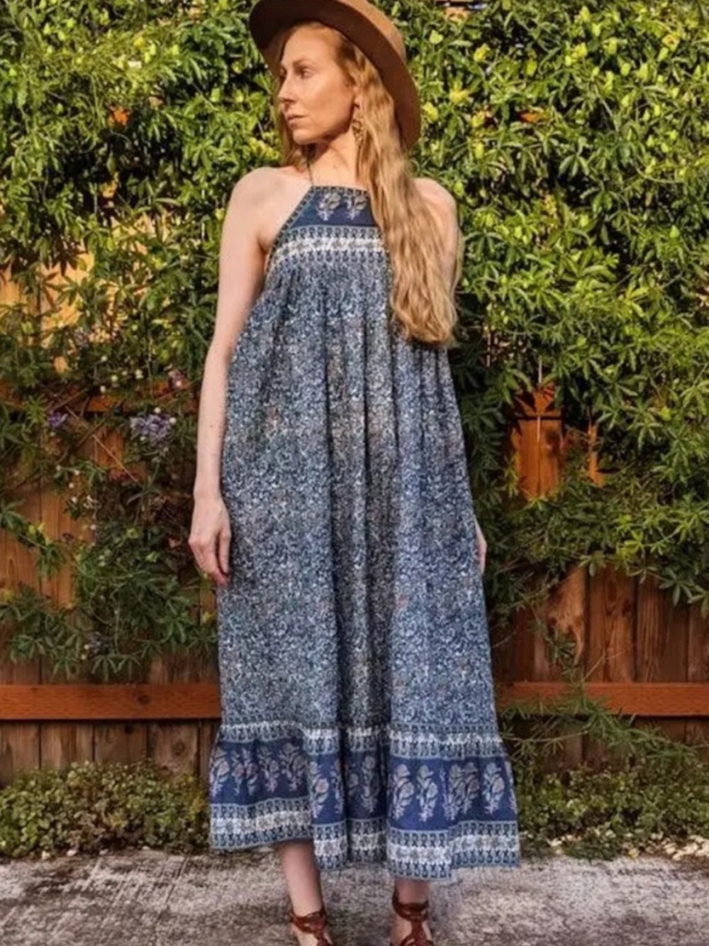 Fox in Gown Bohemian Blue Halter Maxi Dress Cotton Block Print M